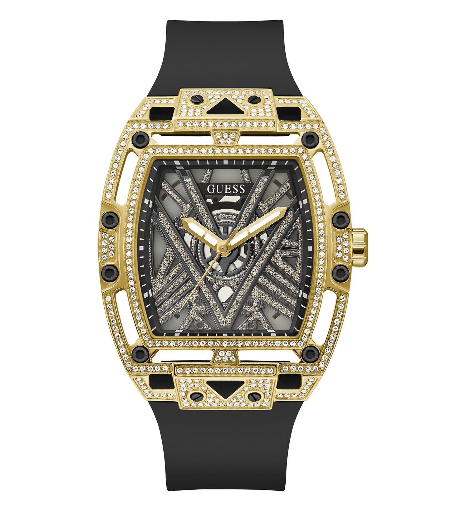 GUESS Legend Color watch in sleek black, angled front view showcasing its elegant design and sophisticated features.