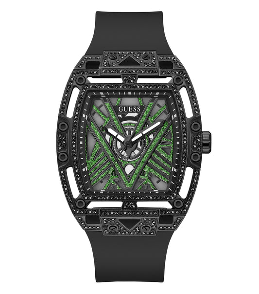 Guess watch in sleek gold, showcasing an elegant analog design; face close-up at a tilted angle, highlighting refined details.