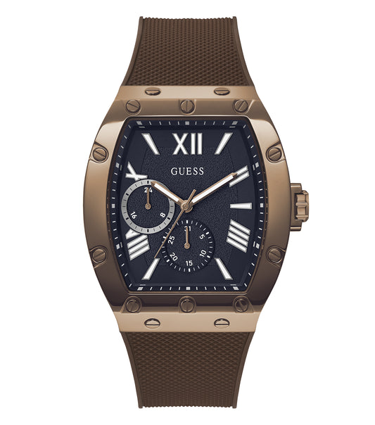 Elegant Guess watch in brown color displayed at a 45-degree angle, showcasing its sophisticated design and craftsmanship.