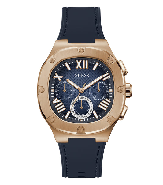 Elevate your style with the sleek 45-degree angled Guess watch, featuring a sophisticated black dial and strap.