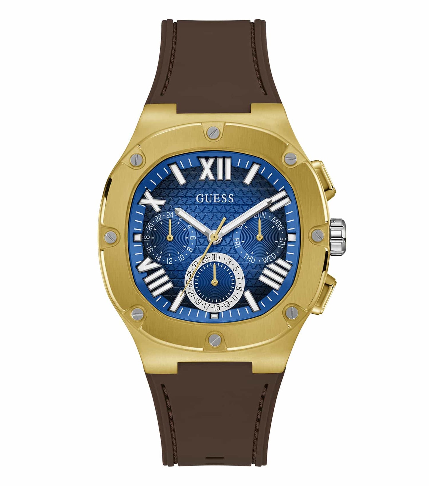 Guess Quartz men's watch with blue stainless steel strap, photographed at a tilted angle showcasing round face and bezel details.