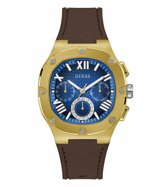 Guess Quartz men's watch with blue stainless steel strap, photographed at a tilted angle showcasing round face and bezel details.