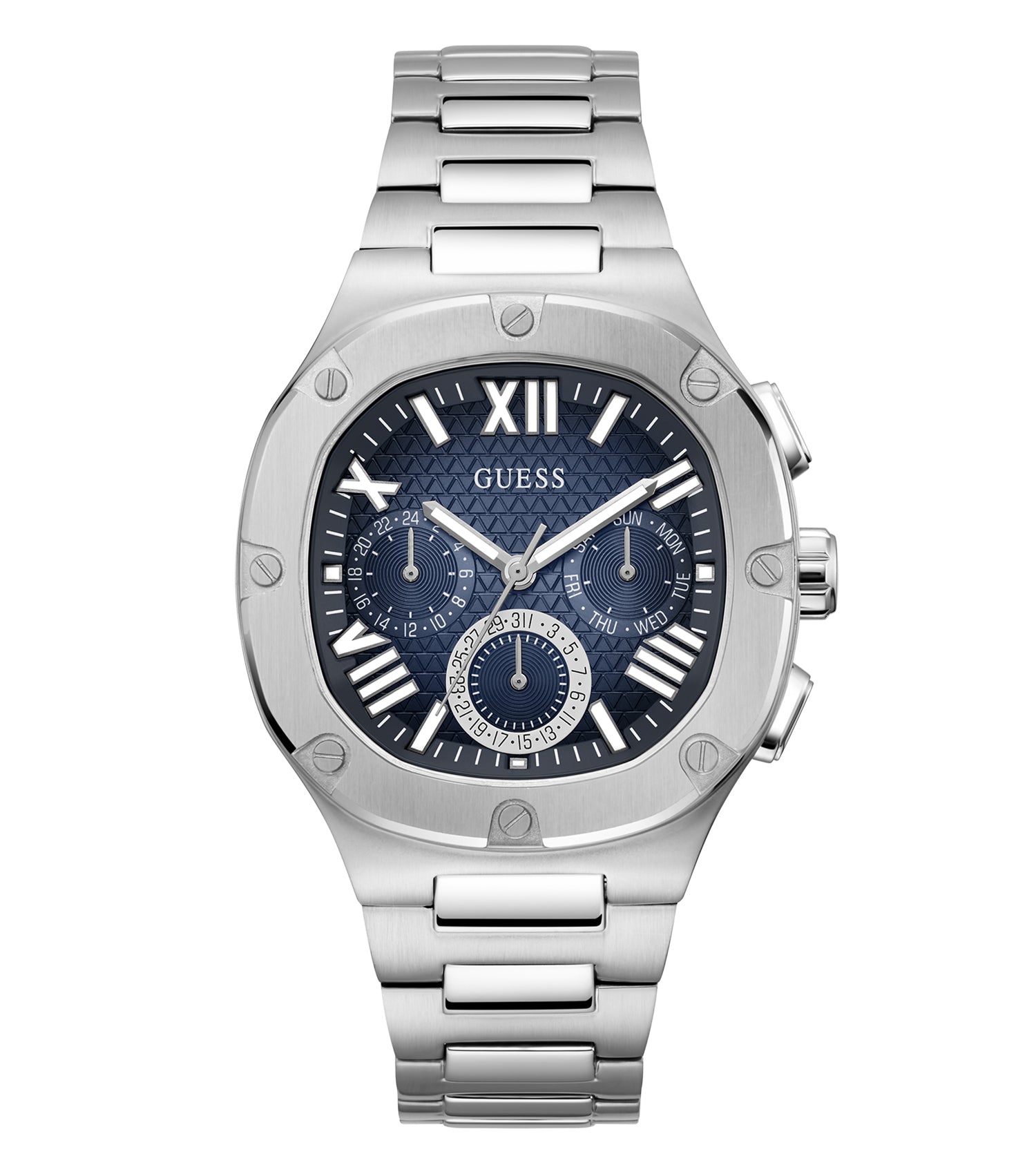 Guess men's watch in a sleek silver finish, face-on angle showcasing the distinctive dial design and durable stainless steel band.