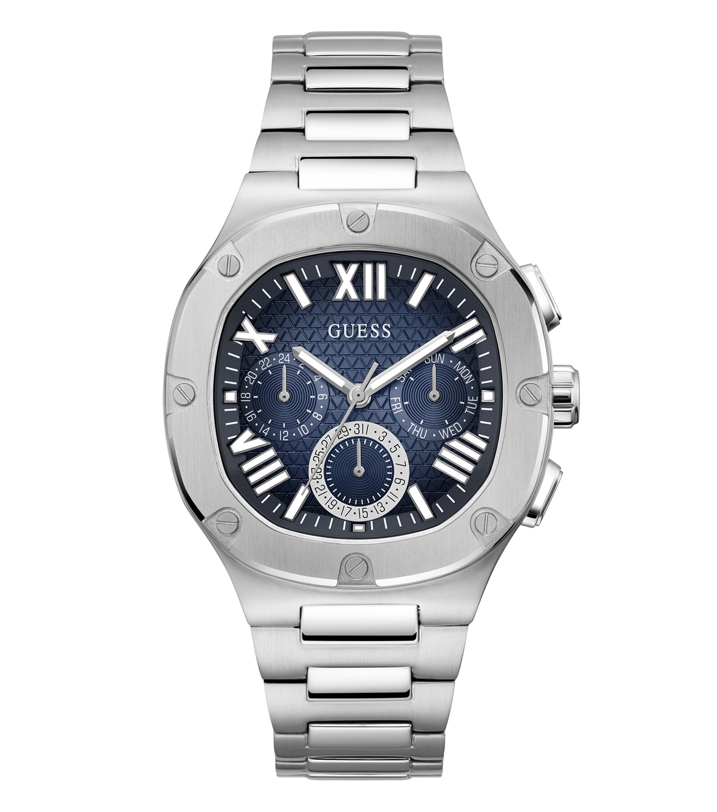 Guess men's watch in a sleek silver finish, face-on angle showcasing the distinctive dial design and durable stainless steel band.