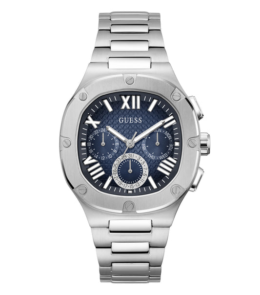 Guess men's watch in a sleek silver finish, face-on angle showcasing the distinctive dial design and durable stainless steel band.