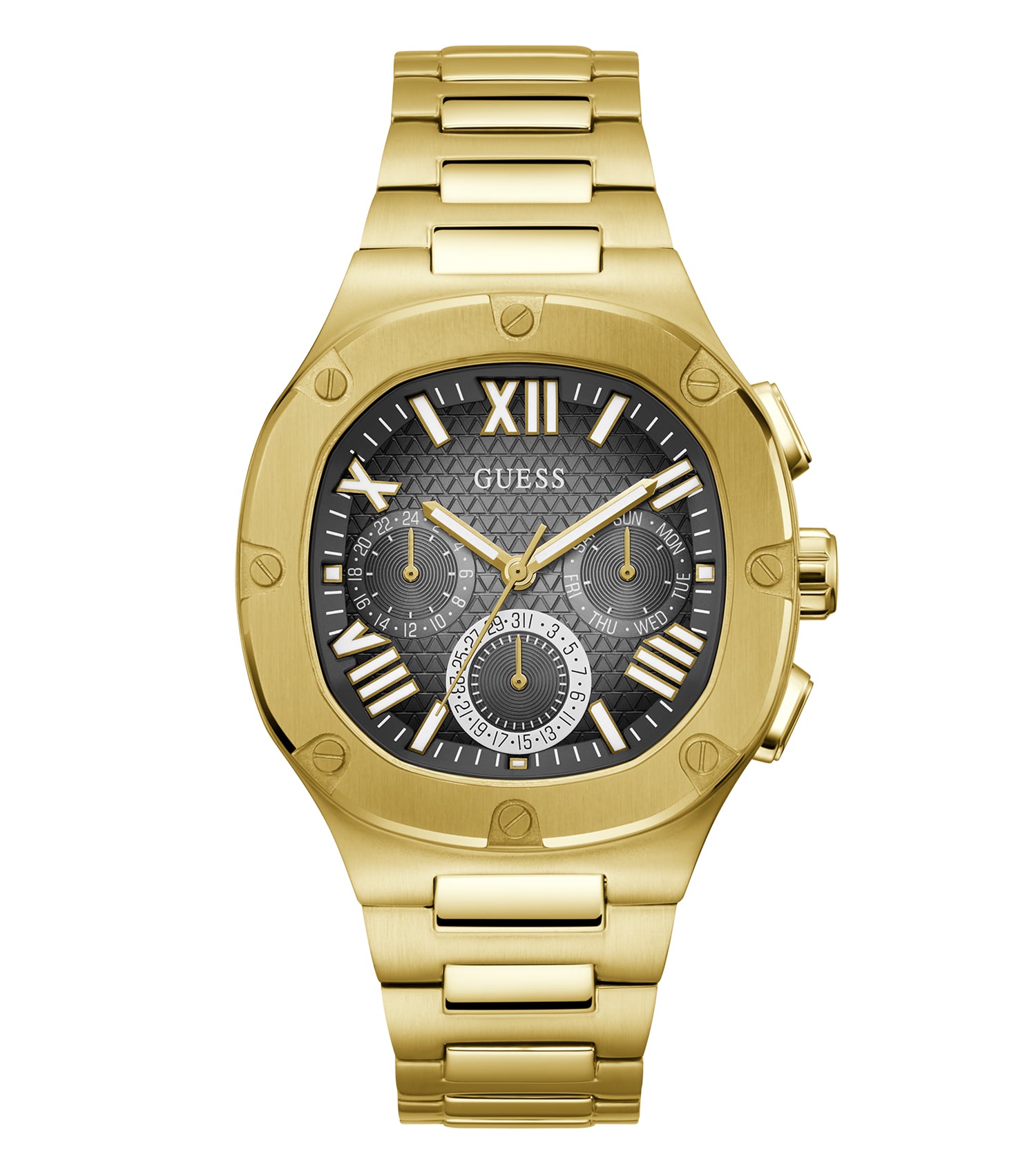 Guess watch GW0572G2 featuring a sleek gold tone, displayed at a dynamic 45-degree angle with a black dial and chic leather strap.