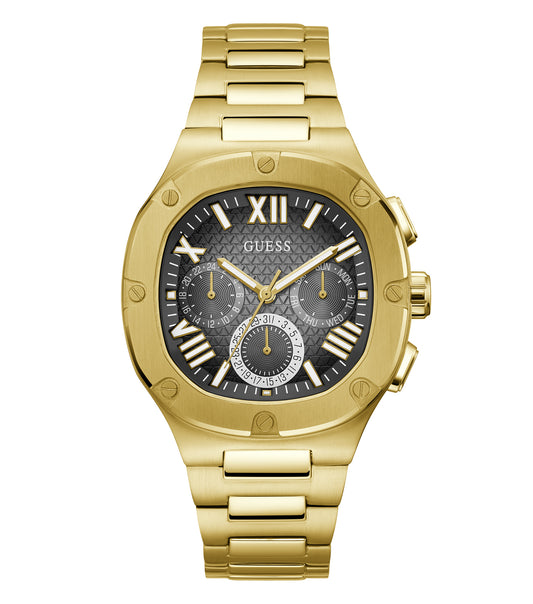 Guess watch GW0572G2 featuring a sleek gold tone, displayed at a dynamic 45-degree angle with a black dial and chic leather strap.