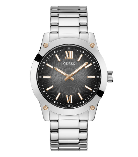 Elevate style with the Guess crescent color watch, GW0574G1, featuring a side angle view showcasing its sophisticated design.