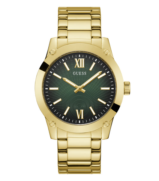 Guess blue watch with a sleek stainless steel design, viewed at a 45-degree angle, showcasing its intricate dial details.