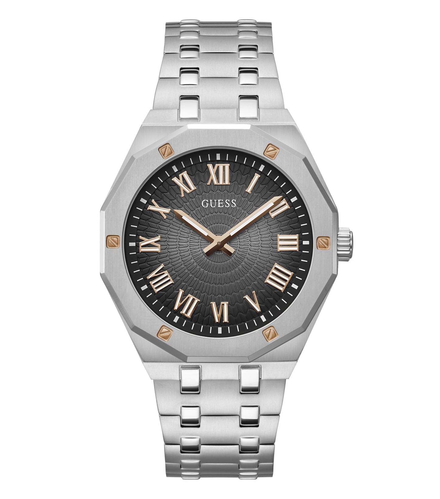 Elegant Guess quartz watch in black and gold with distinct chronograph design, front angle showing bold style.