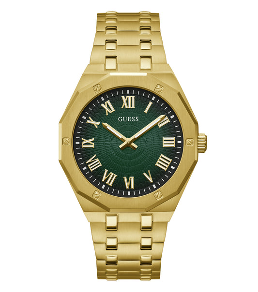 Elegant Guess watch with a black strap and gold-tone details, front angle view showcasing its sleek design, ideal for fashion enthusiasts.