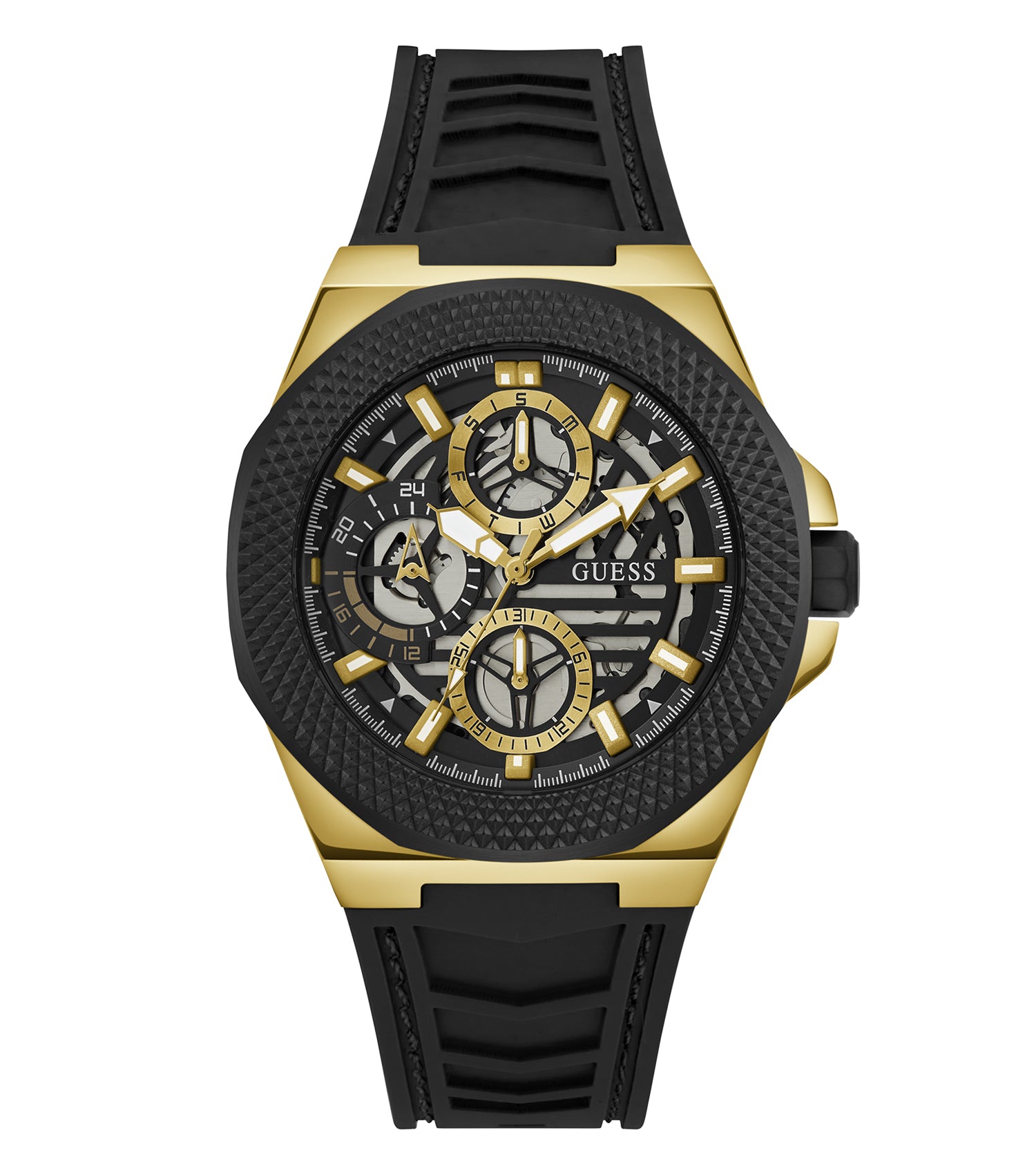 Guess watch in blue tone, featuring a round face with a roman numeral dial, side angle showcasing elegant timepiece design.