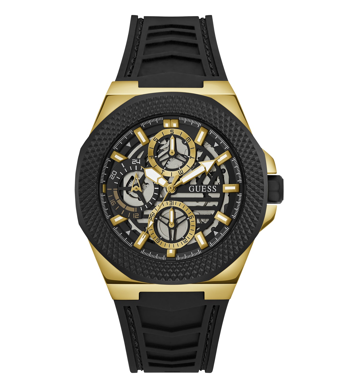 Guess watch in blue tone, featuring a round face with a roman numeral dial, side angle showcasing elegant timepiece design.