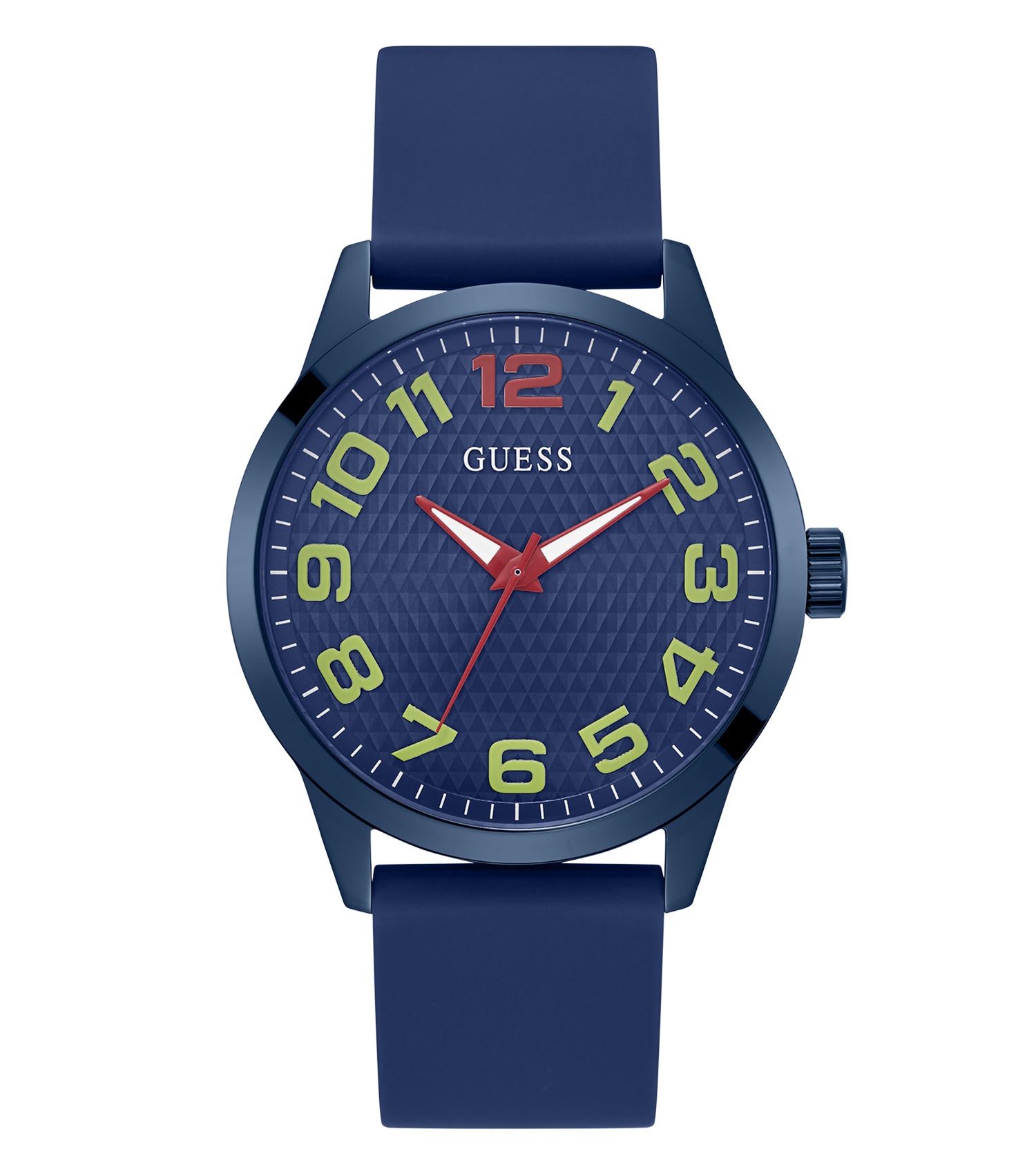 Sleek Guess watch with a minimalist black face, silver accents, and elegant band captured at an angled side view.
