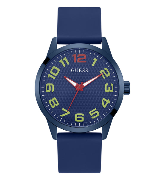 Sleek Guess watch with a minimalist black face, silver accents, and elegant band captured at an angled side view.