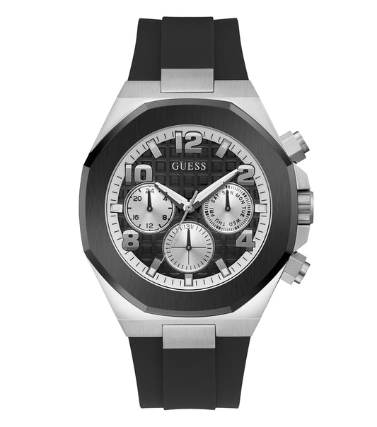 Guess Quartz Watch in black, angled from the right, showcasing its sleek design, stainless steel bracelet, and luminous dial.