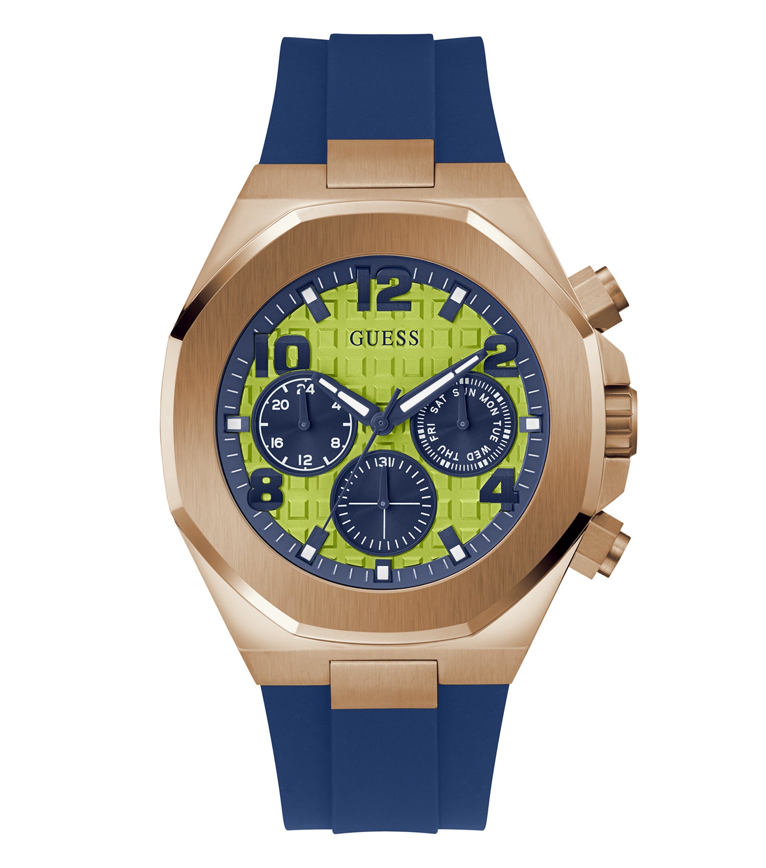Guess Men's Empire Quartz Watch in gold tone, showcasing a sleek design from a front left angle, with a bold black dial.