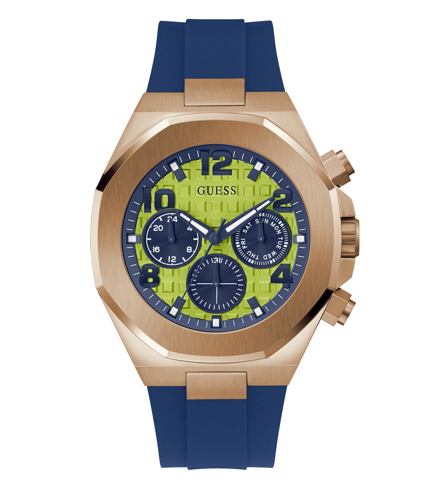 Guess Men's Empire Quartz Watch in gold tone, showcasing a sleek design from a front left angle, with a bold black dial.