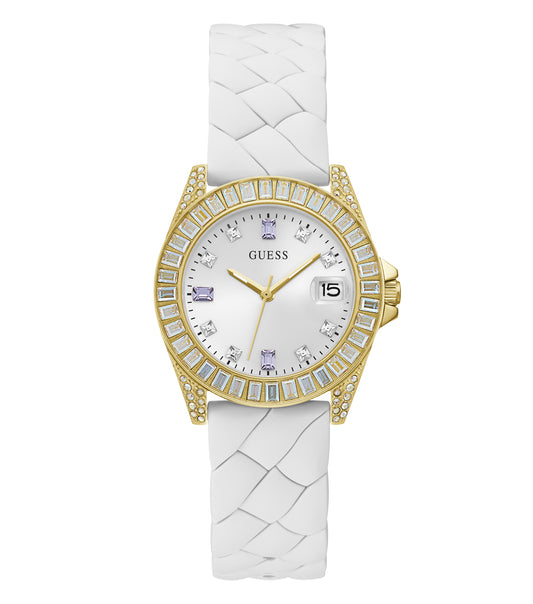 Opaline Guess watch, GW0585L2 model, with golden accents, displayed at a slight angle revealing its elegant face and detailing.