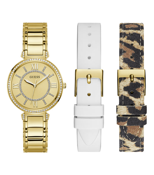 Elegant Guess watch in none color with a round dial, gold-toned accents, and side view highlighting intricate details.