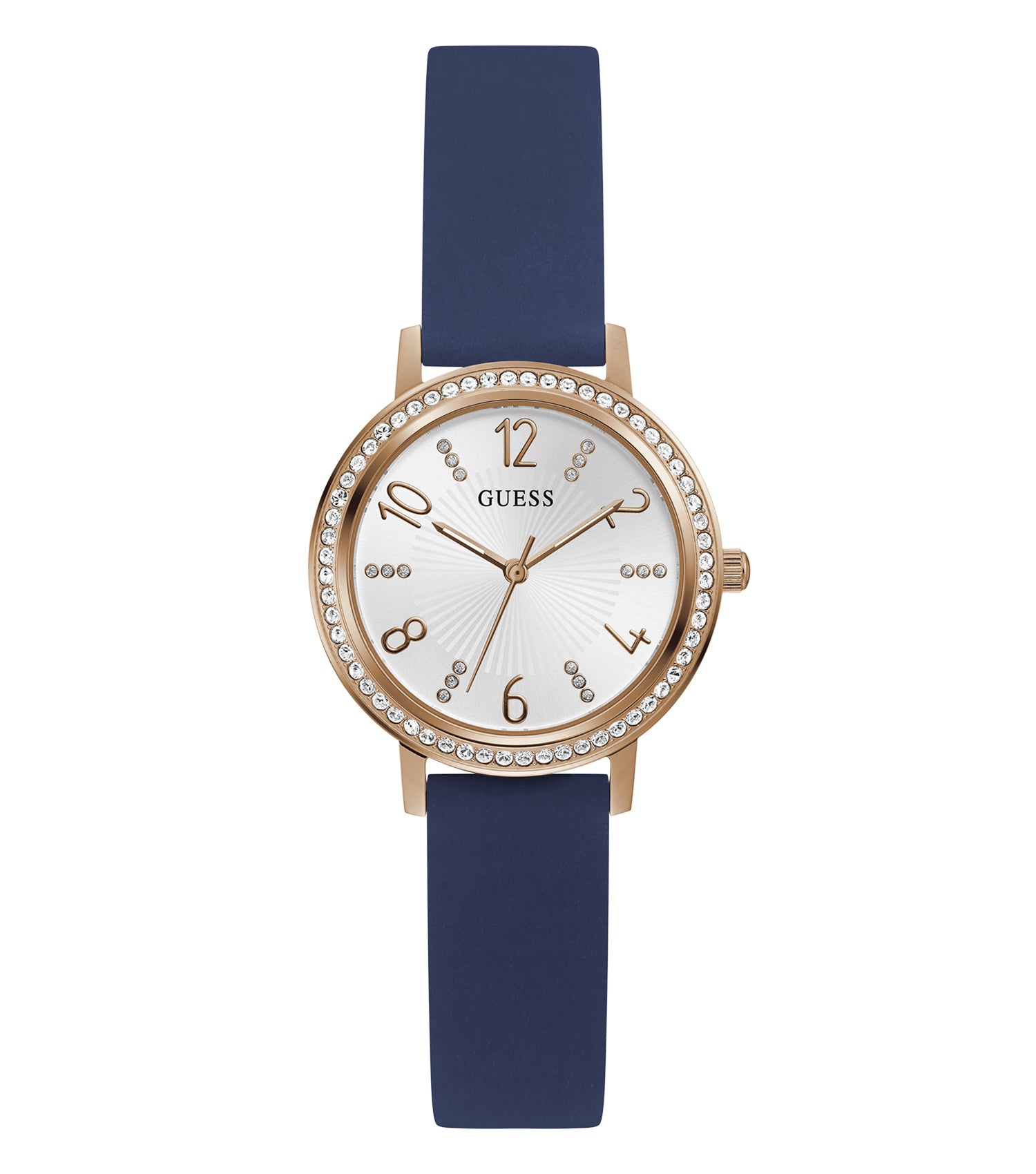 Elegant Guess Tri Luxe Quartz Watch in a striking blue hue, showcased from a frontal angle with silver detailing