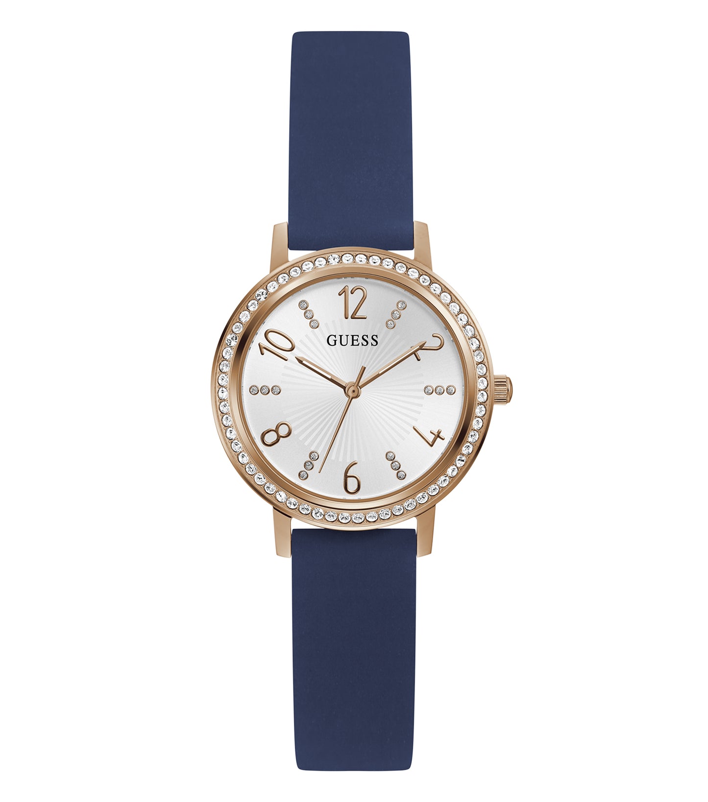 Elegant Guess Tri Luxe Quartz Watch in a striking blue hue, showcased from a frontal angle with silver detailing