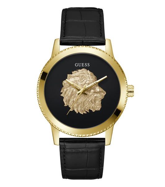 Elegant Guess monarch-colored watch with a round dial and silver accents, captured at a stylish side angle against a dark backdrop.