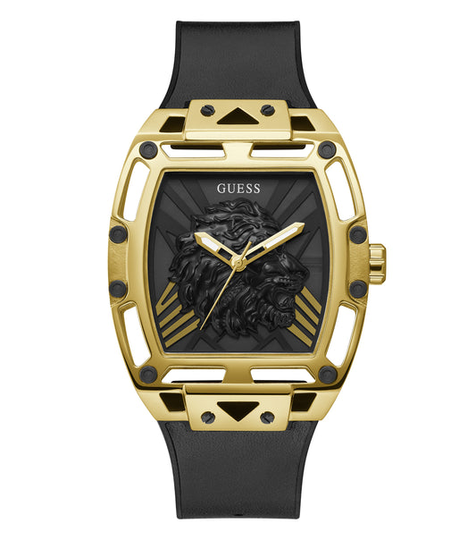 Guess watch, sleek black design, face angled slightly left, showcasing minimalist style and elegance in watchmaking.