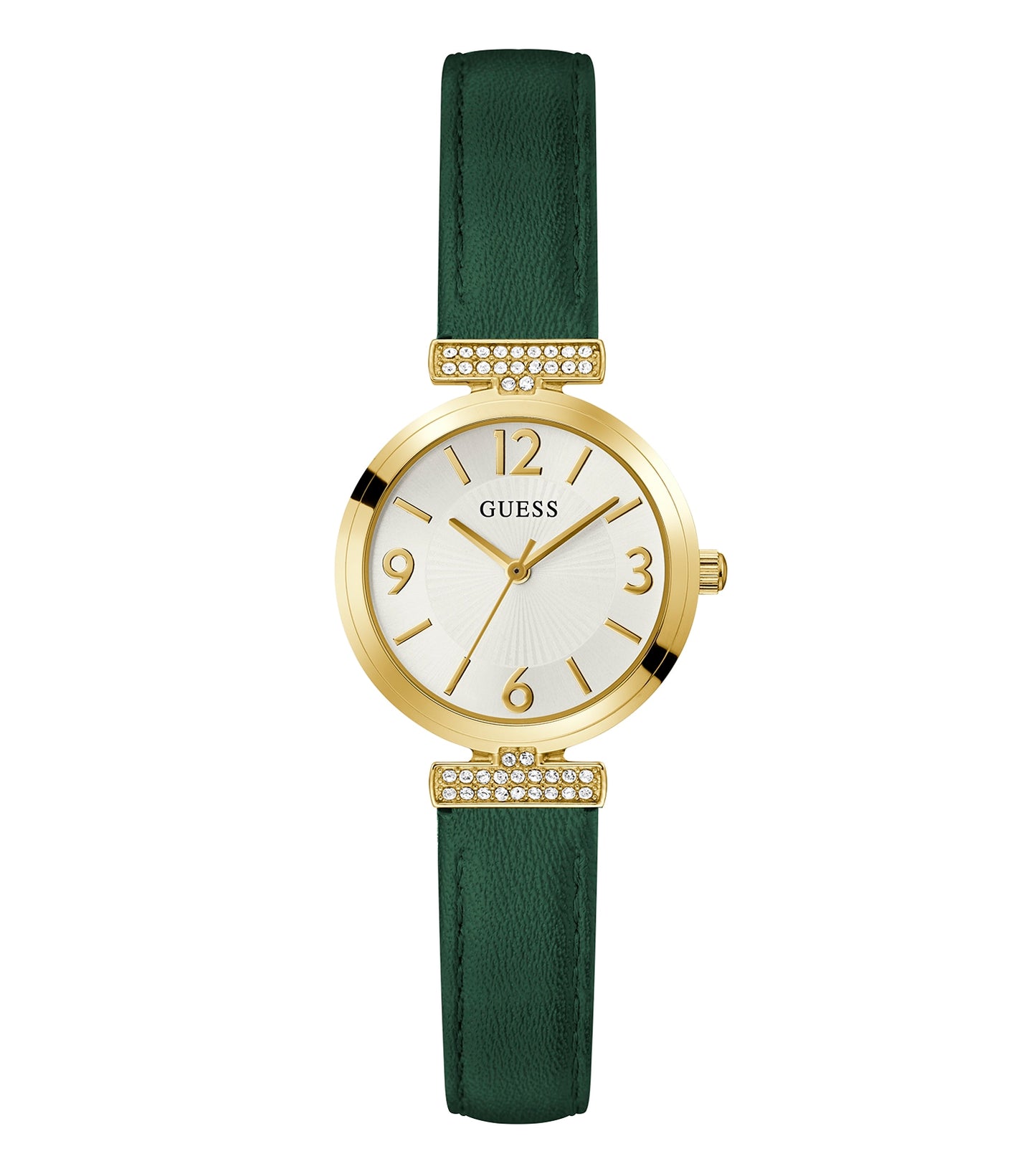 Guess watch in vibrant gold tone, showcasing a classic round dial and elegant chain strap, displayed in a side-angle view.