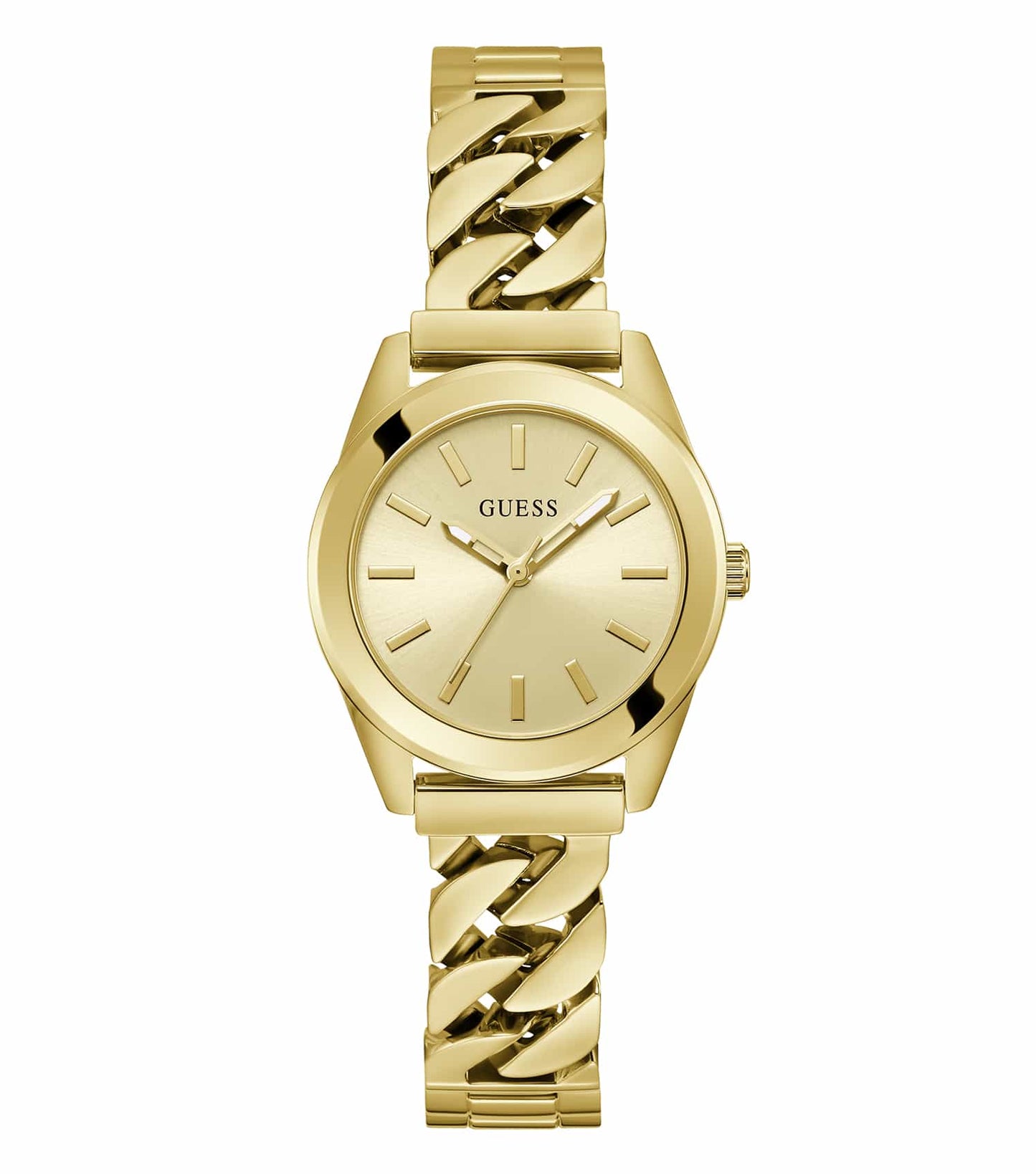 Guess quartz watch in a soft blue hue, angled elegantly showcasing its round dial and metallic strap, a sophisticated fashion statement.
