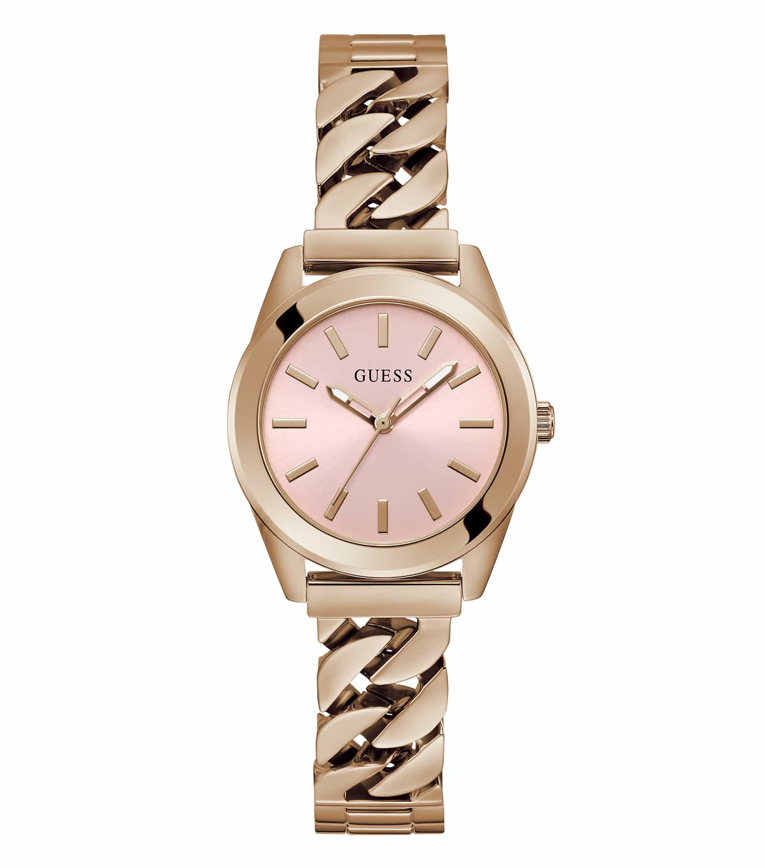 Elegant Guess quartz watch in gold with luminescent dial, side angle view highlighting sleek band design and classic timepiece appeal.