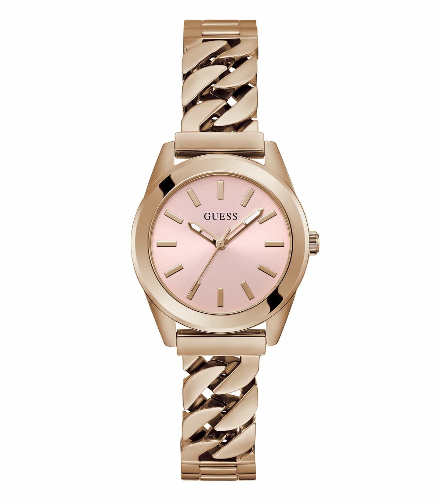 Elegant Guess quartz watch in gold with luminescent dial, side angle view highlighting sleek band design and classic timepiece appeal.
