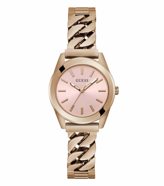 Elegant Guess quartz watch in gold with luminescent dial, side angle view highlighting sleek band design and classic timepiece appeal.