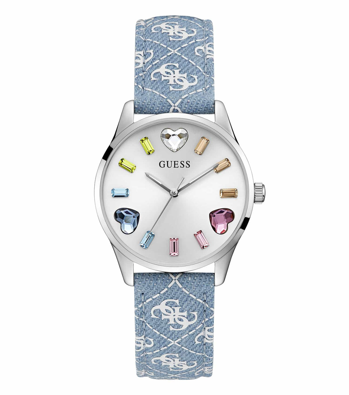 Elegant Guess quartz watch in silver tone, showcasing a chic design with dial at 36-degree angle, ideal for watch enthusiasts