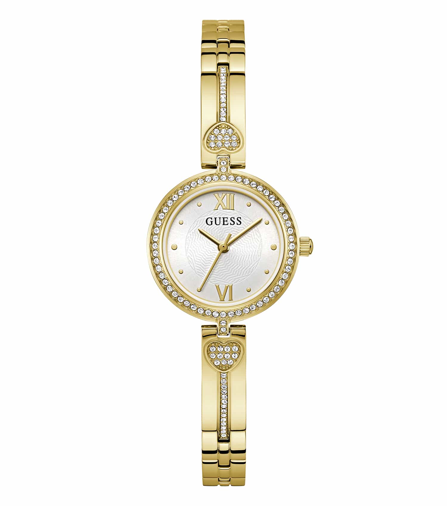 Stylish Guess Quartz Watch, angled elegantly, with a sleek gold-tone finish and distinct face detail, radiating luxury appeal.