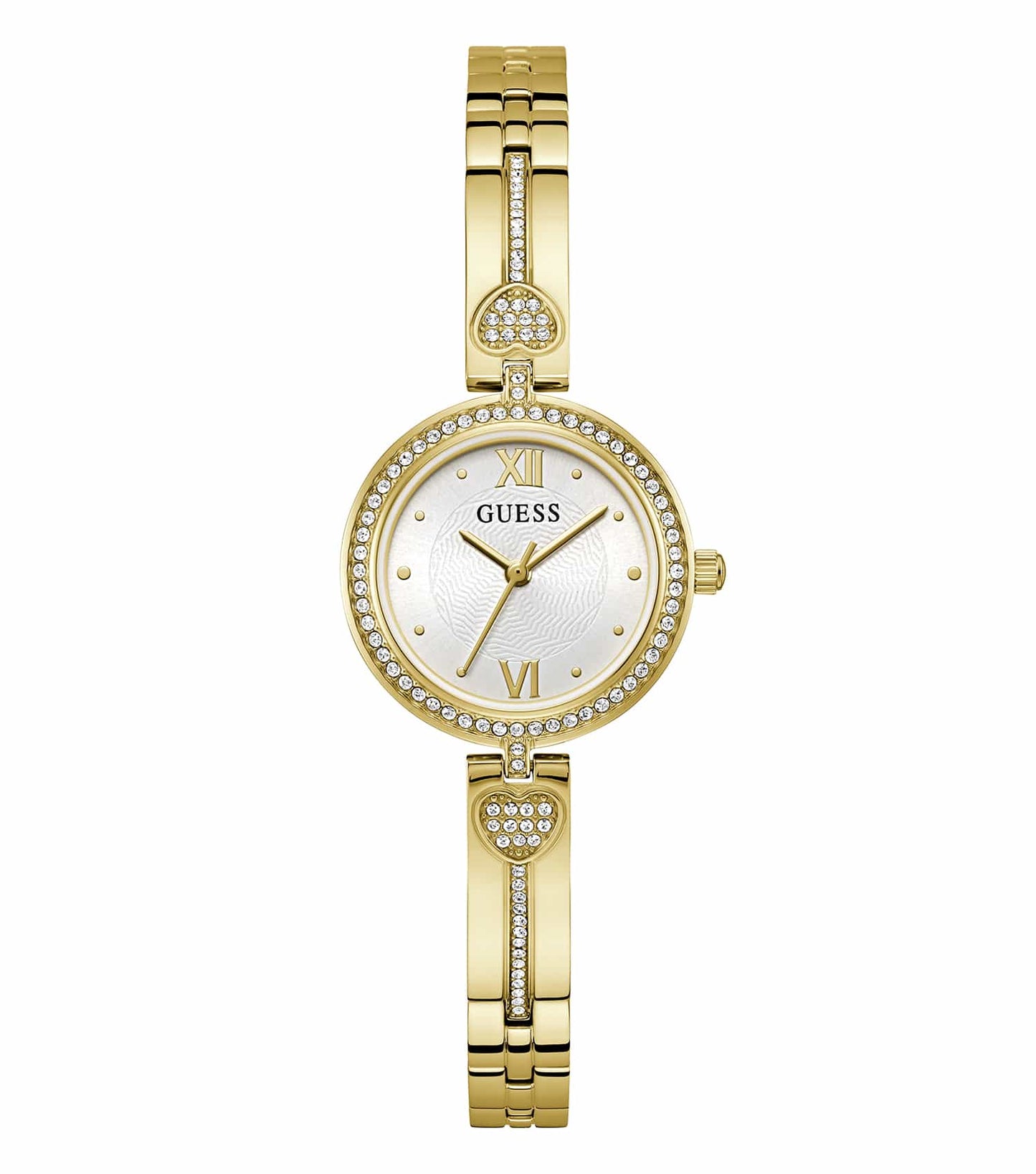 Stylish Guess Quartz Watch, angled elegantly, with a sleek gold-tone finish and distinct face detail, radiating luxury appeal.