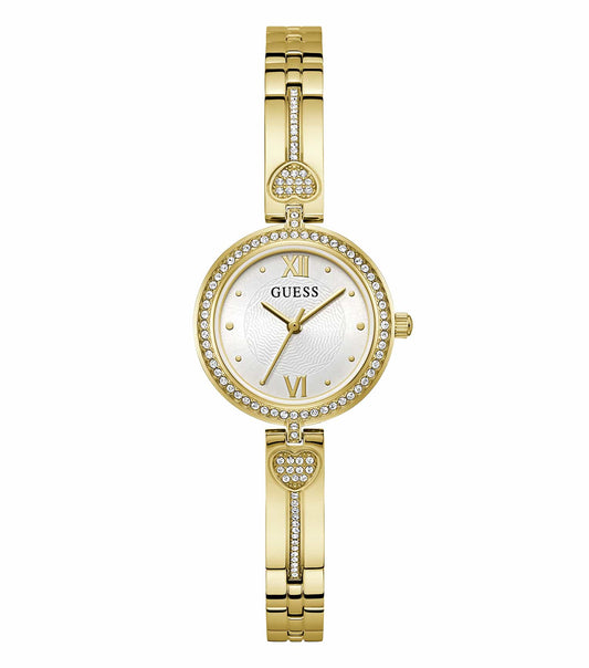 Stylish Guess Quartz Watch, angled elegantly, with a sleek gold-tone finish and distinct face detail, radiating luxury appeal.