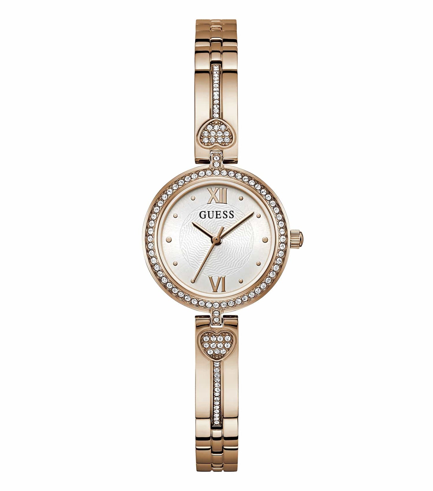 Elegant Guess watch in a singular rose gold color, captured from a front angle, featuring a sleek leather strap and minimalist dial.