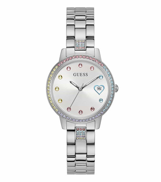 Elegant Guess watch in silver color, shown at a three-quarter angle, featuring a sleek design and detailed bezel for stylish accessorizing.
