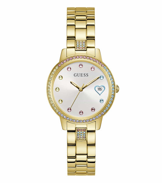 Guess gold watch featuring a stylish round dial, elegant gold strap, and precise side-angle view showcasing sophistication.