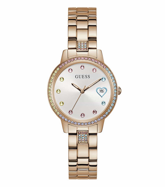 Guess rose gold watch, GW0657L3 model, side angle view showcasing elegant round dial, sparkling bezel, and slender bracelet.