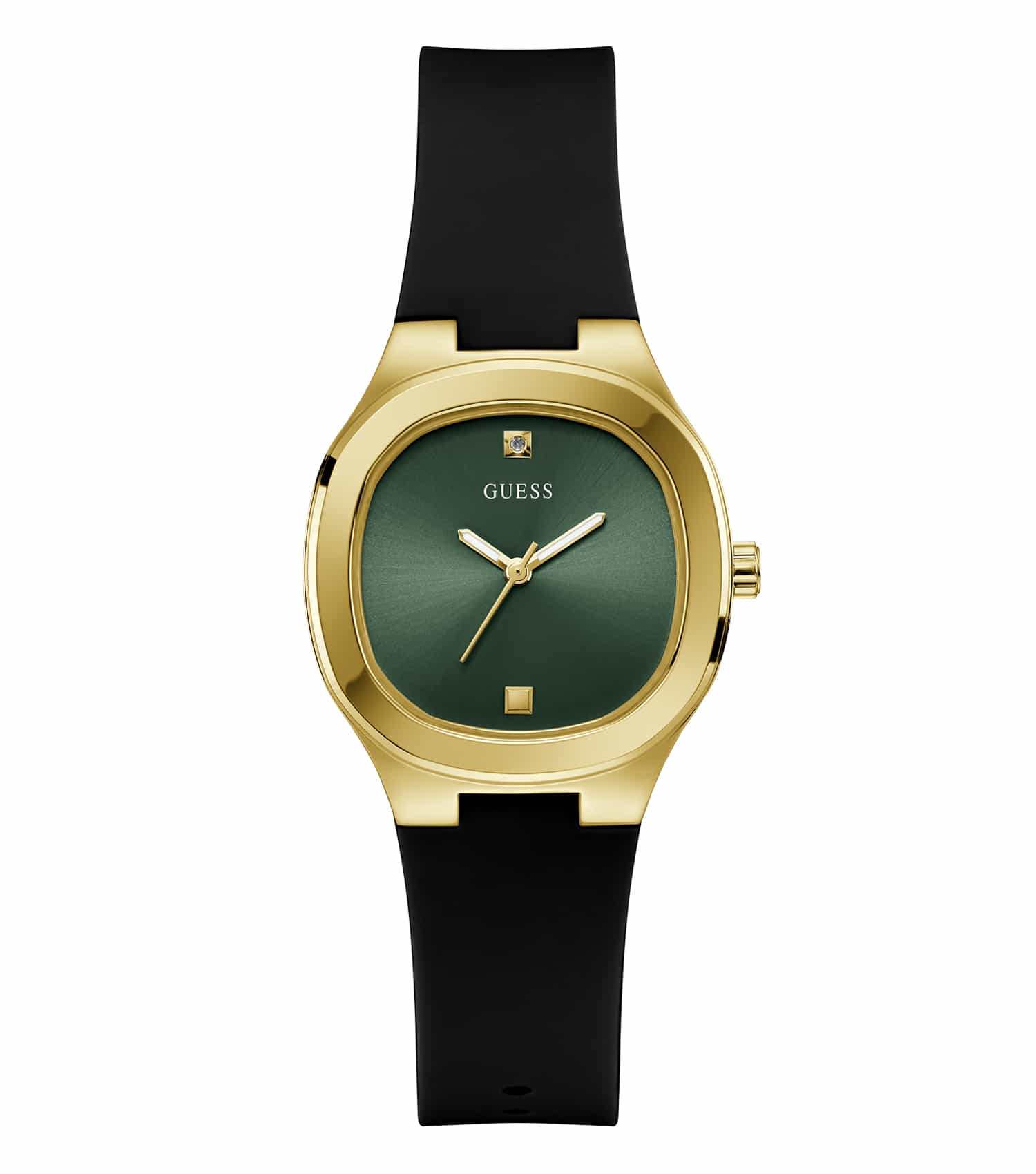 Stylish Guess watch in classic gold hue, elegantly displayed at a three-quarter angle showcasing intricate details and brand elegance.