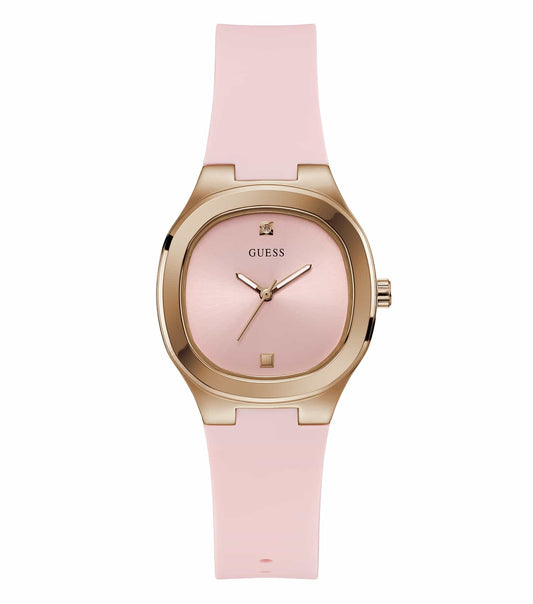 Guess watch with a metallic gold finish, displayed at a slight angle, showcasing the elegant round dial and sleek bracelet design.