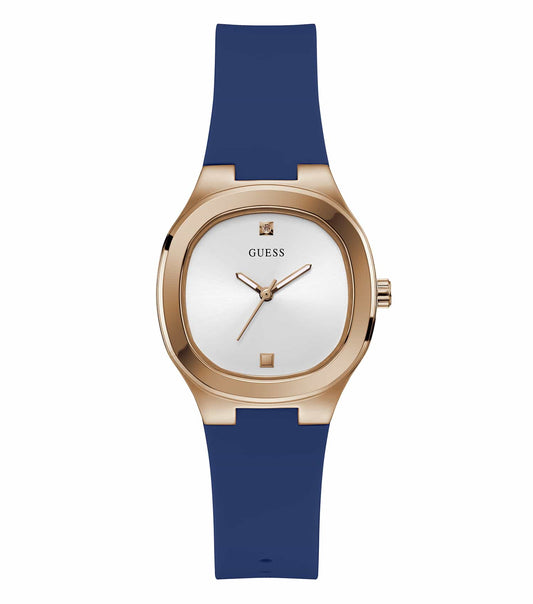 Guess women's watch in a none color with a round dial, bracelet strap, and stones, angled slightly to the right, showcasing elegance.
