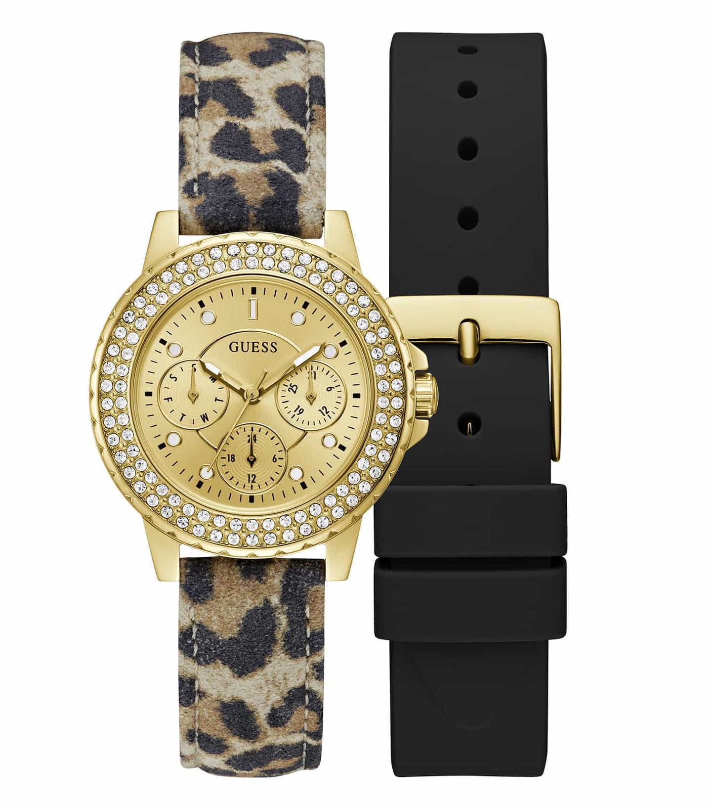 Guess quartz watch in gold with sparkling embellishments featured at a three-quarter angle, highlighting its sleek and stylish design.