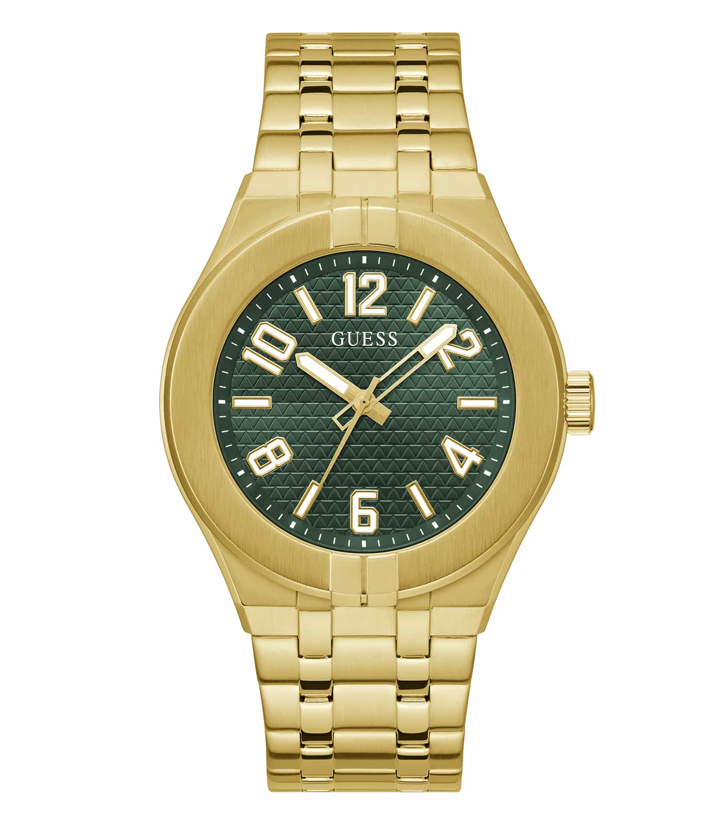Guess quartz watch in gold tone with classic design featuring white dial, luminous hands, and side angle, embodying modern elegance.