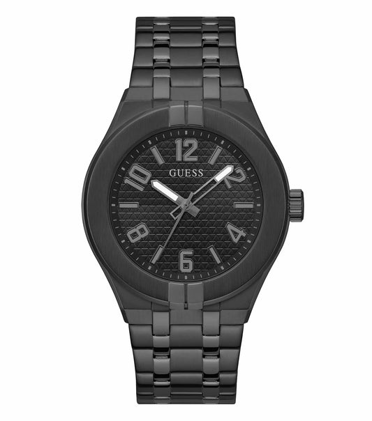 Guess quartz watch in a soft shade, positioned at a 45-degree angle, features stylish details and a modern, elegant design.
