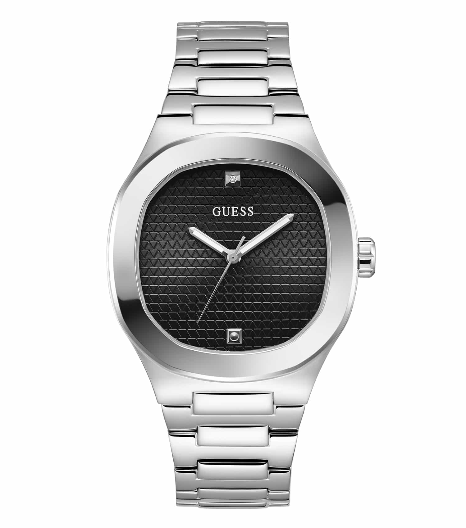 Front angled view of Guess Watch with a sleek stainless steel design and black dial, showcasing timeless elegance and modern style.