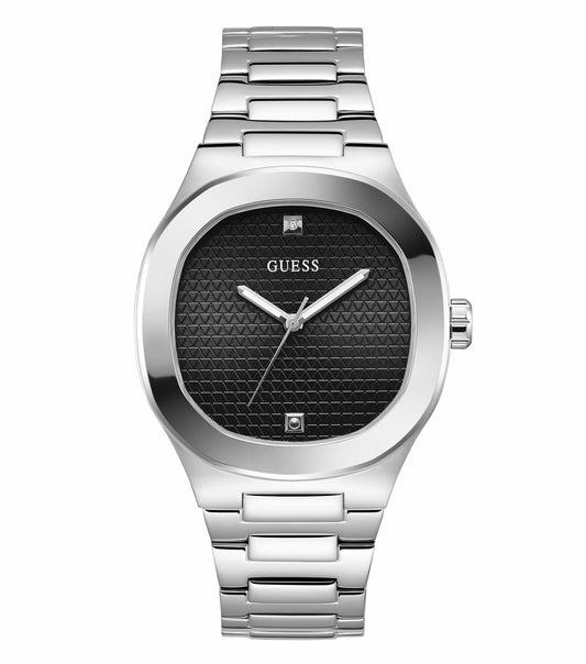 Front angled view of Guess Watch with a sleek stainless steel design and black dial, showcasing timeless elegance and modern style.