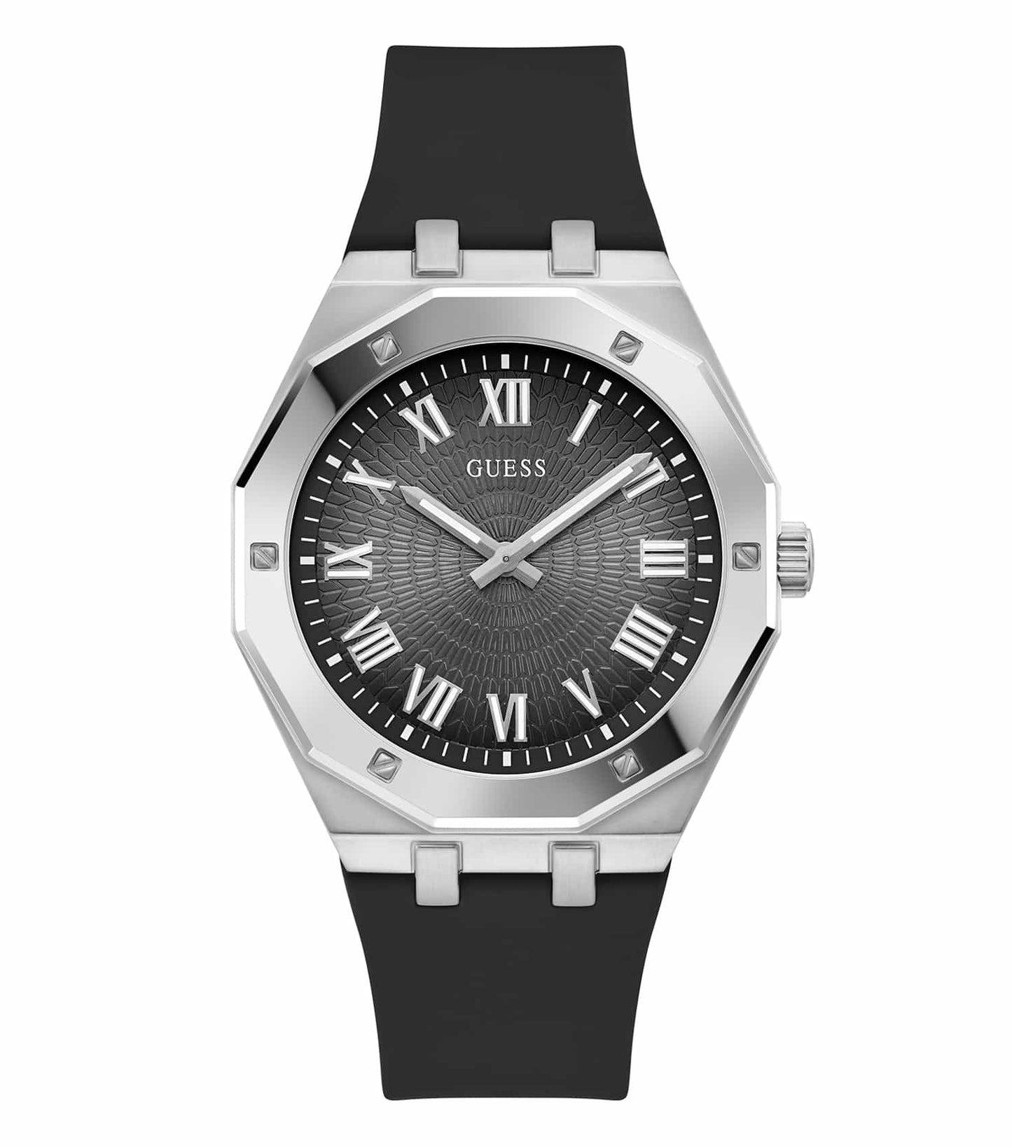  Stylish Guess quartz watch in a polished silver-tone, featuring a classic round dial from a frontal angle, exuding timeless elegance.